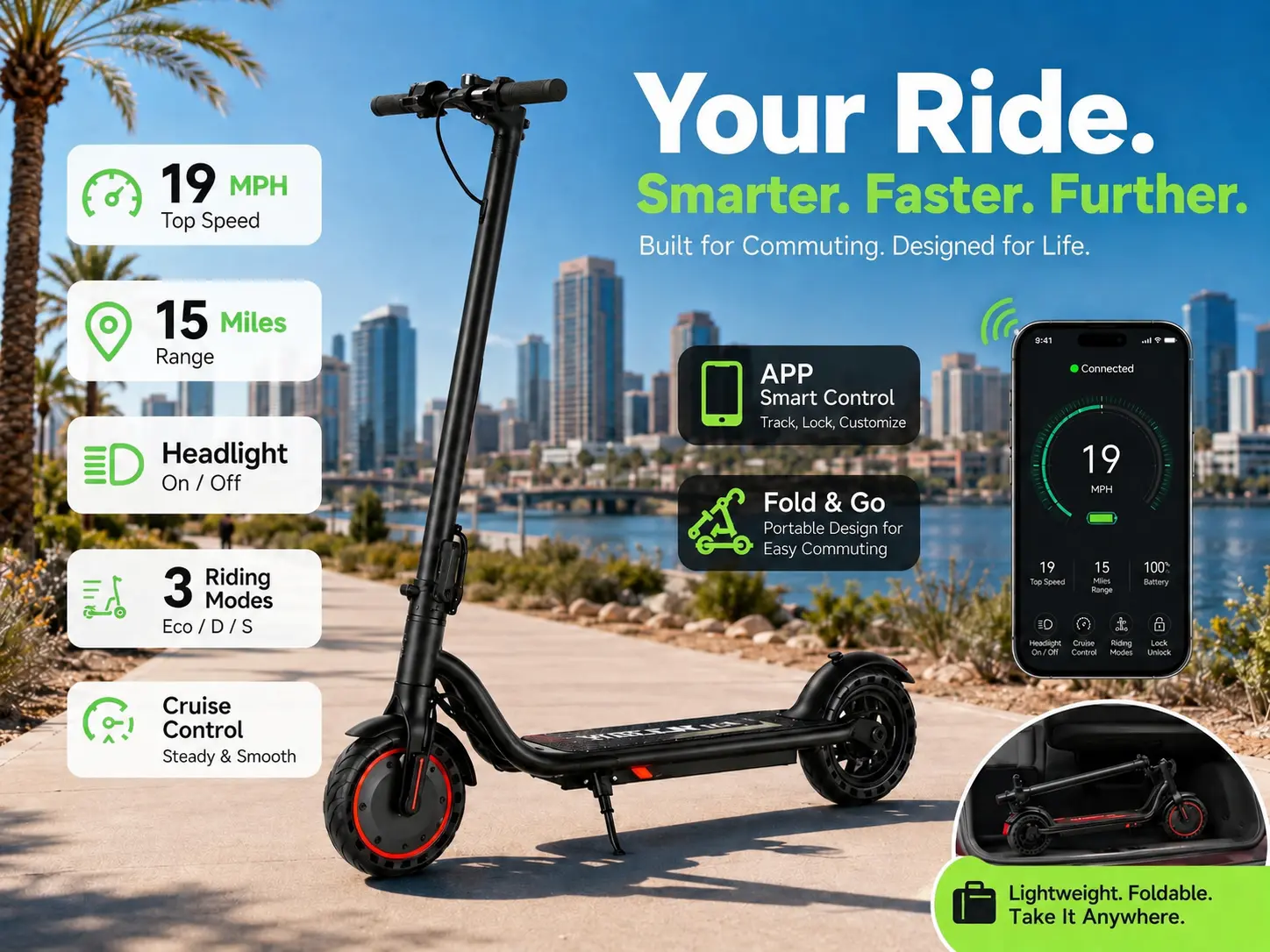 SummerWins Foldable Electric Scooter for Adults - 350W Brushless Motor, 19MPH Max Speed, 15 mi Range, 15% Hill Climbing, Smart LED Display, Bluetooth APP Control, Portable Commuter E-Scooter for Teens