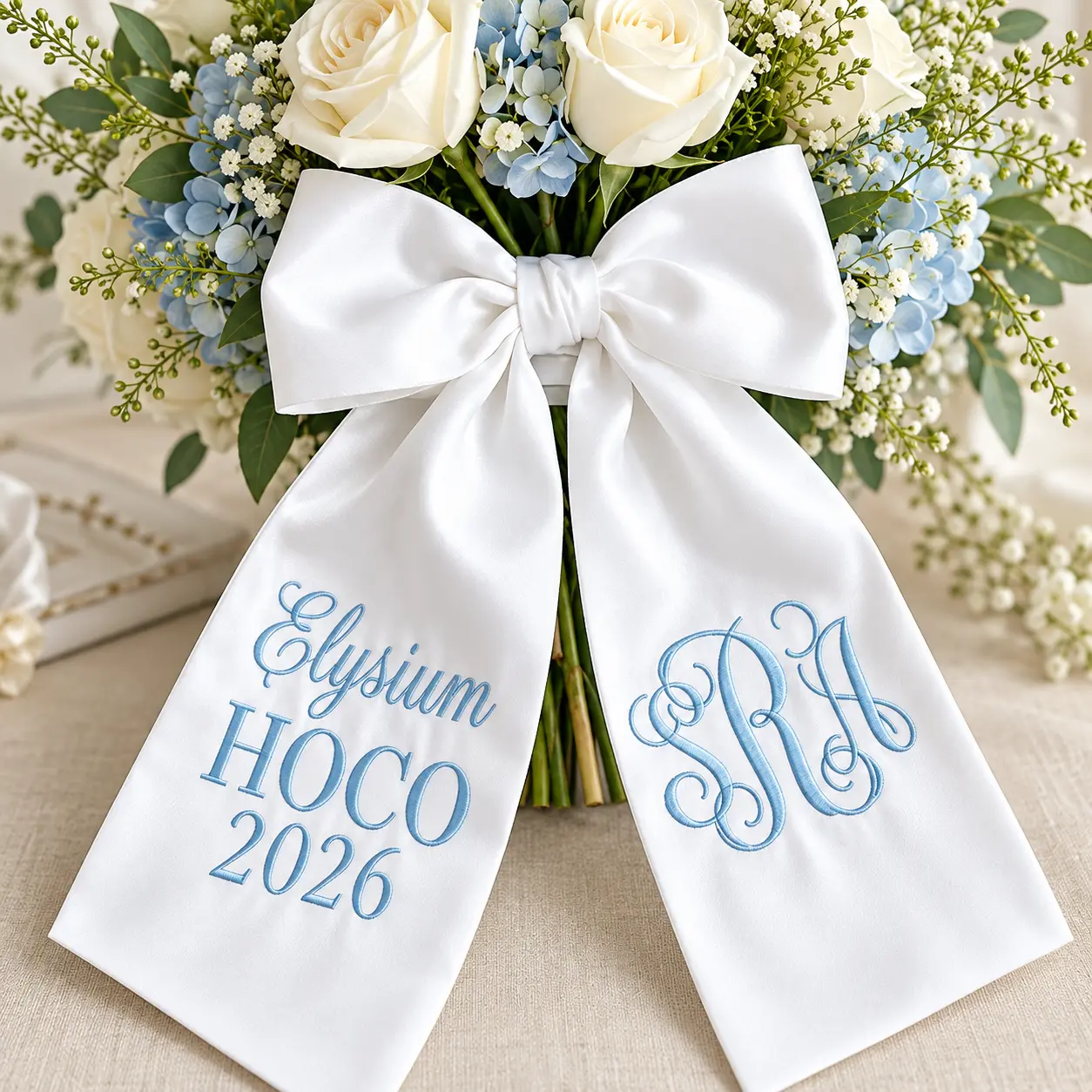 Custom Embroidered Bouquet Sash, Personalized Satin Flower Ribbon for Prom, Homecoming HOCO, Wedding Bouquet Decoration, Custom Gift