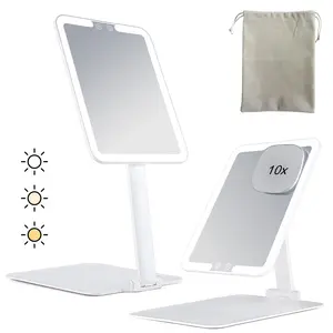 Dear girl Rechargeable Travel Makeup Mirror with Lights and Magnification 10X Foldable Stand with Adjustable Height & Angle 3 Light Colors & Stepless Dimming LED Lighted Vanity Mirror