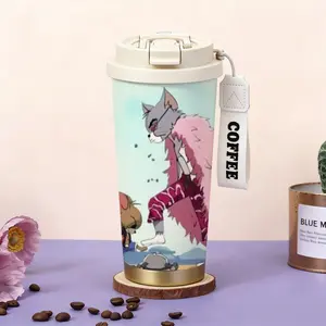 Thermos cup 3d printing Tom & Jerry as One Piece characters, Tom steps on Jerry popular travel cup Insulated Tumbler cold and hot dual-purpose 316 stainless steel large-capacity coffee cup with straw double-hole