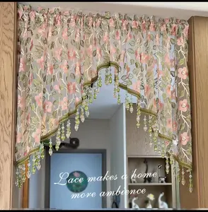 Floral Lace Doorway Curtain with Beaded Tassel, Vintage Cottagecore Sheer Room Divider, Aesthetic Embroidered Arch Valance for Door Closet Bedroom Window
