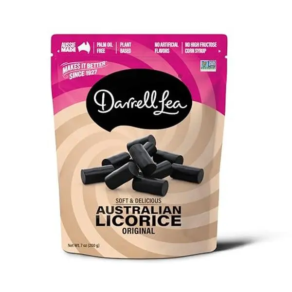 Darrell Lea Soft Australian Licorice, Non-GMO, No Palm Oil, Vegetarian Friendly, No High Fructose Corn Syrup, Soft & Chewy Licorice Candy, Made in Australia (Original Black, 7 Ounce (Pack of 1))