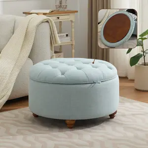 24/30 Inch Round Storage Ottoman with Tray, Modern Tufted Fabric Circle Ottoman Coffee Table with Storage, Upholstered Storage Ottoman with Removable Top for Living Room, Bedroom