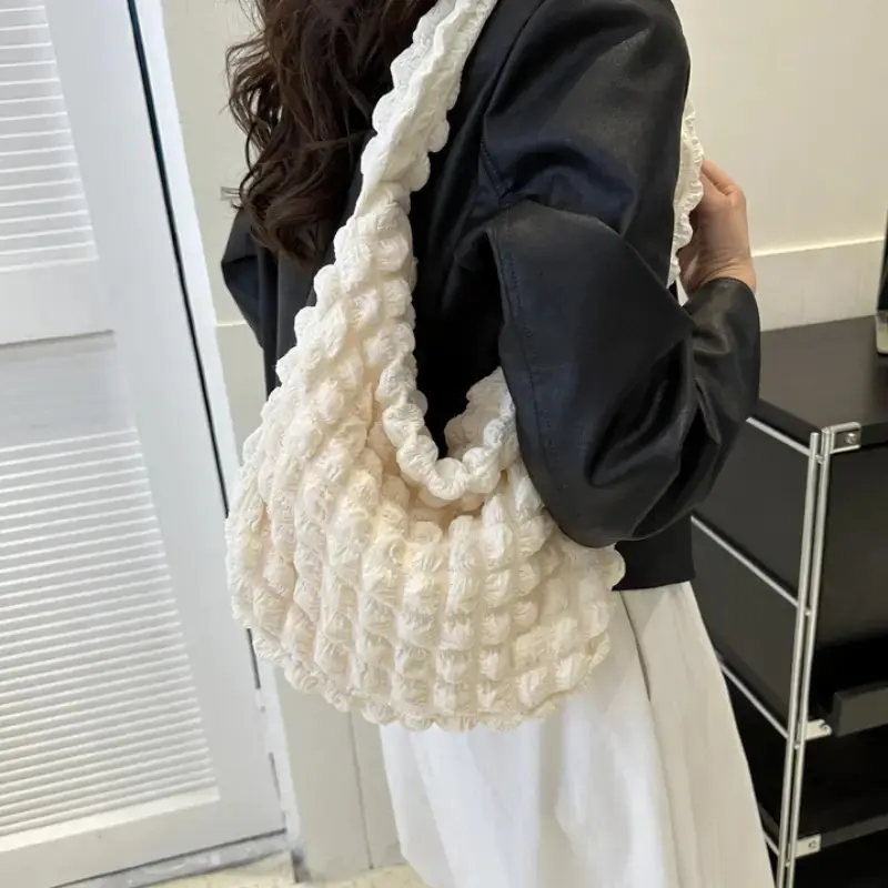 Women's Single-Shoulder Plaid PU Leather Cloud Bubble Commuter Date Bag - Korean-Style Puffy Business Purse with Fixed Straps for Sweet-Cool Aesthetic