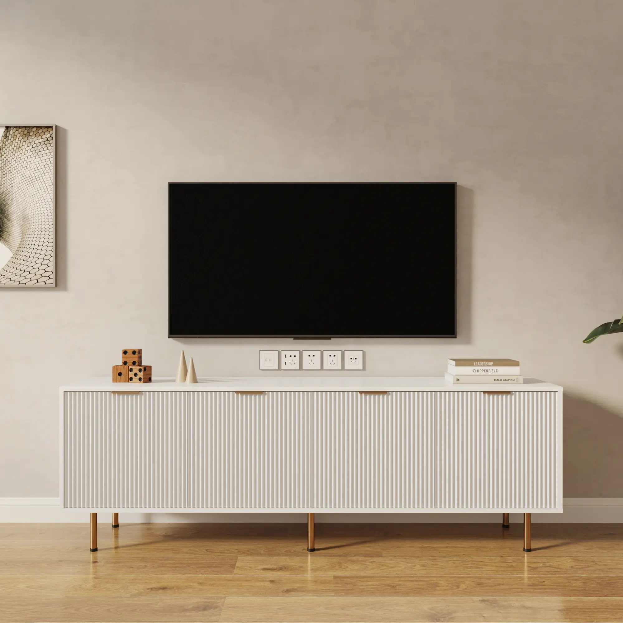 Modern Warm White TV Stand for 80 Inch TVs, 4 Drawers Storage TV Cabinet, 70.86"W Particle Board Media Console for Living Room Bedroom