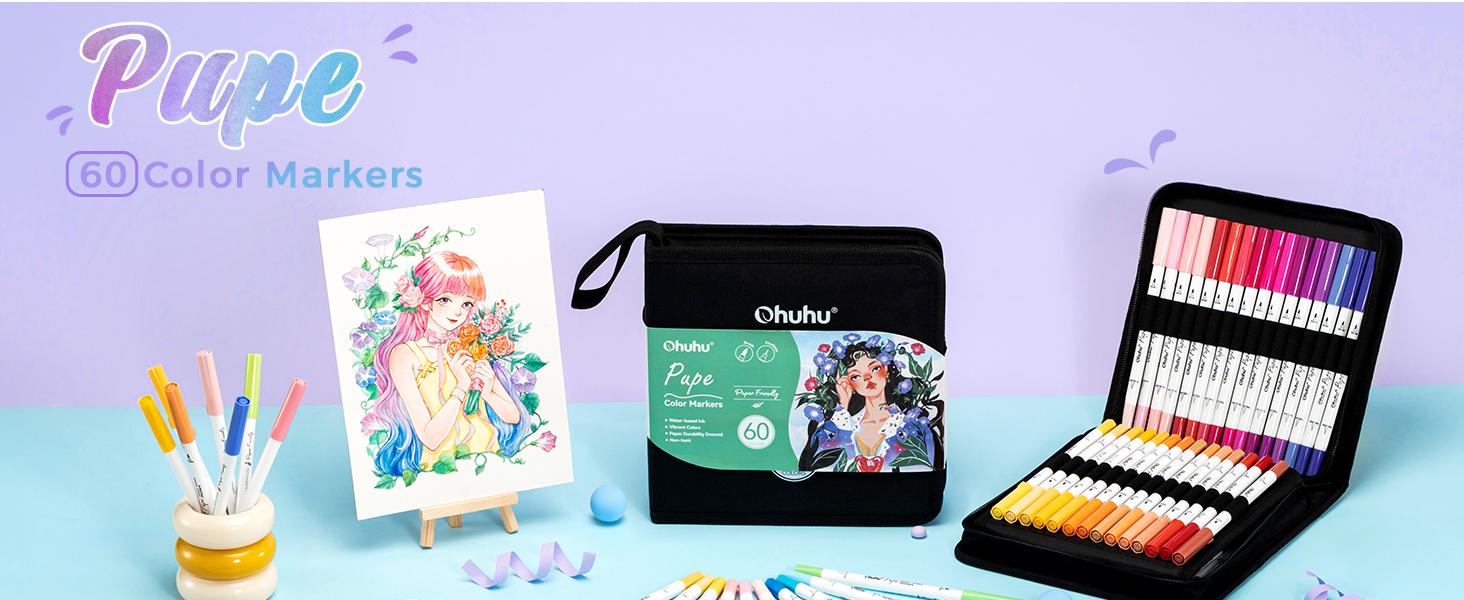 Ohuhu Markers: Dual Brush Fineliner Tips - 60 Colors - Paper-friendly No Peeling Water-based - Markers for Adult Coloring Books No Bleeding Coloring Markers for Kids Beginner Calligraphy - Pupe Series of Ohuhuart