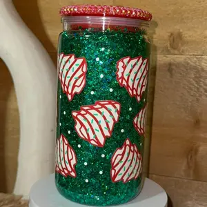 Holiday Cookie Tree Snow Globe Tumbler 16oz Green Glitter Christmas Cup with Red Blingy Lid & Reusable Straw