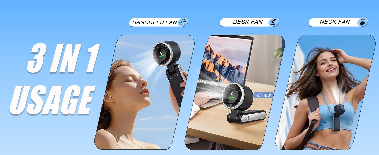Portable Handheld Turbo Fan, 5 Gear Wind, Battery Operated, Up to 12 Working Hours, 3 IN 1 Hand Fans with Air Turbo Tech Cooling Fan for Outdoor Activities, Travel, Beach