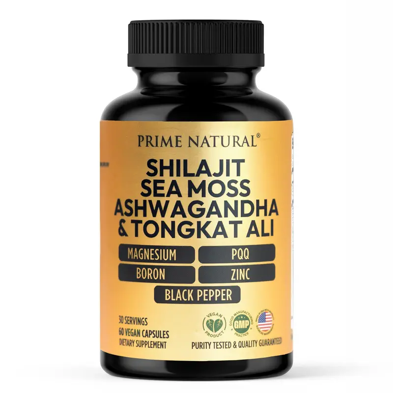 Shilajit 10,000mg, Irish Sea Moss 2000mg, Ashwagandha 3000mg, Tongkat Ali 30,000mg, Boron, Magnesium, PQQ & More | 60 Capsules - 30 days Supply| Fulvic Acid Veg Capsules| Vegan| Gluten Free | Non-GMO
