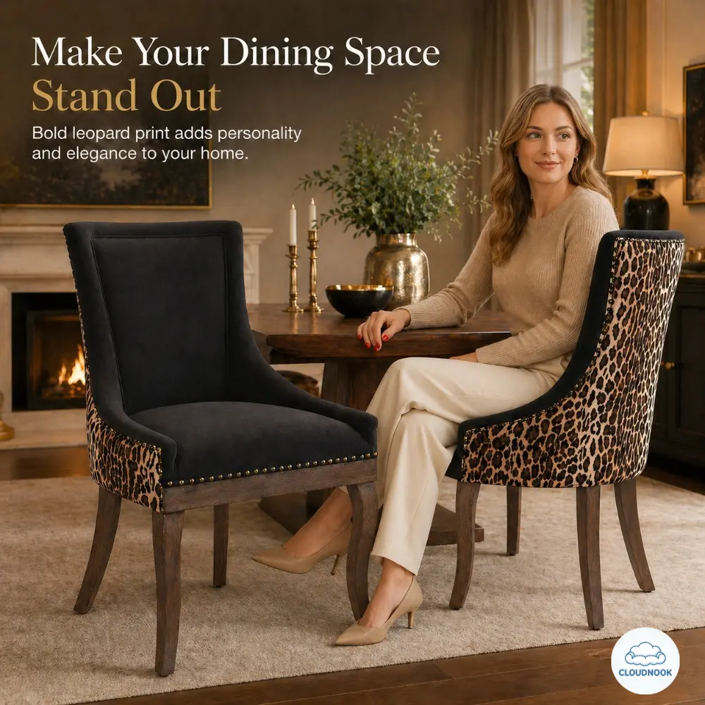 Leopard Print Upholstered Dining Chairs Set of 2, High Back Accent Side Chairs with Bronze Nailhead Trim and Wood Legs
