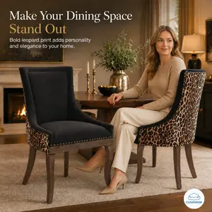 Leopard Print Upholstered Dining Chairs Set of 2, High Back Accent Side Chairs with Bronze Nailhead Trim and Wood Legs