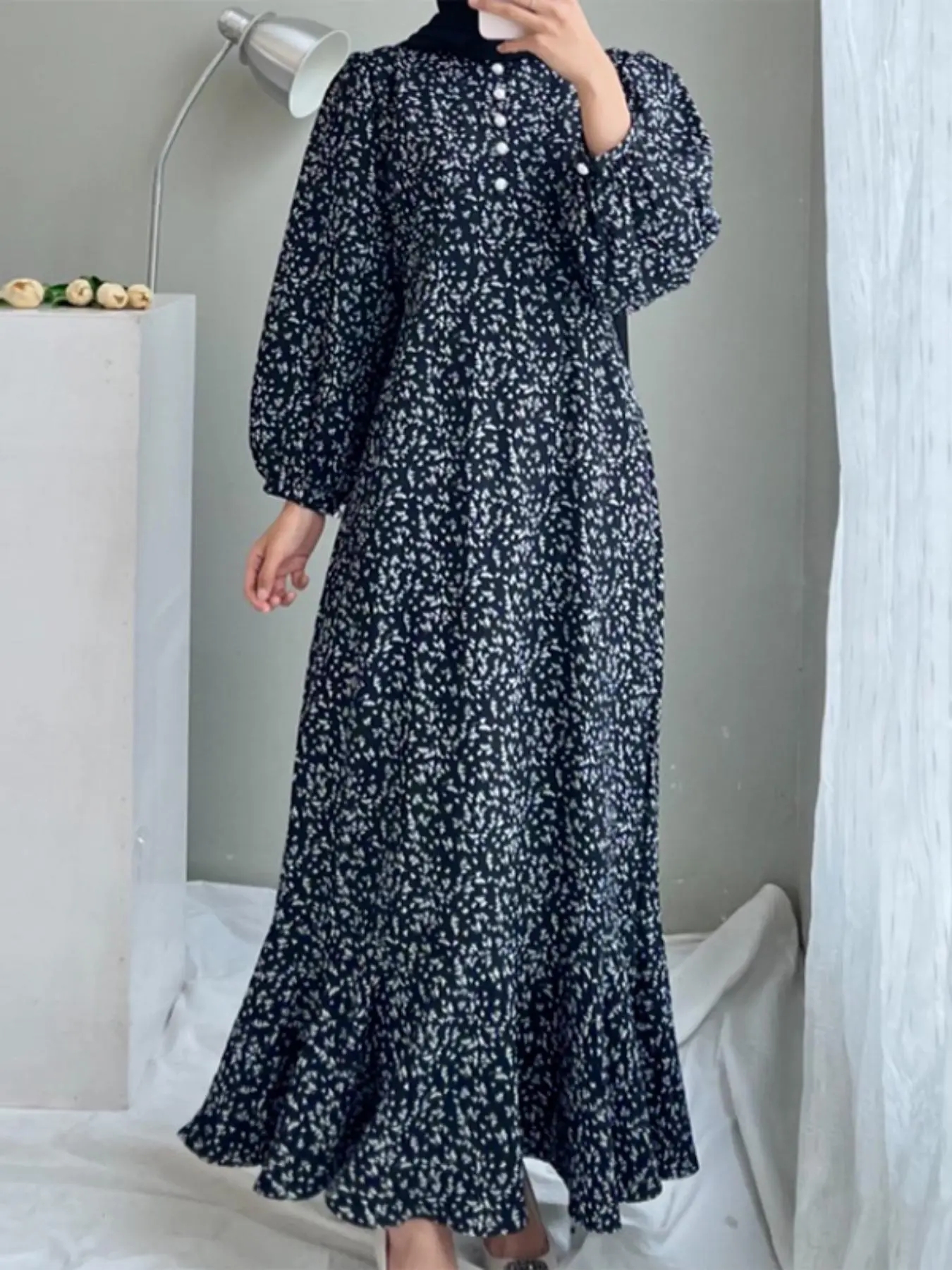 Women's Ditsy Floral Print Button Front Bishop Sleeve Ruffle Hem Flowy Long Dress, Casual Islamic Modest Style Clothing for Daily Wear Long Sleeve Dresses