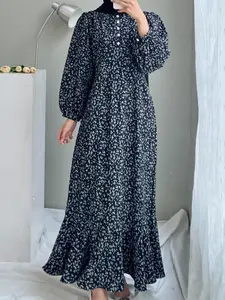 Women's Ditsy Floral Print Button Front Ruffle Hem A Line Arabian Dress, Casual Bishop Sleeve Long Sleeve Long Dress for Fall & Winter, Women's Islamic Clothing for Daily Wear, Modest Style Dress