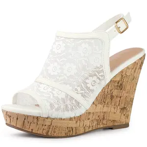 BLISSFUL STEP Lace Platform Heel Slingback Wedges Sandals
