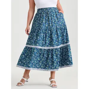 BLOOMCHIC Summer Turn-Up Floral Print Lace Trim Flowy Maxi Skirt Dark Blue 1x-6x 2026 Mother's Day Pick Timeless Ditsy Floral Patchwork Texture Colorblock 2026 Summer Vibes