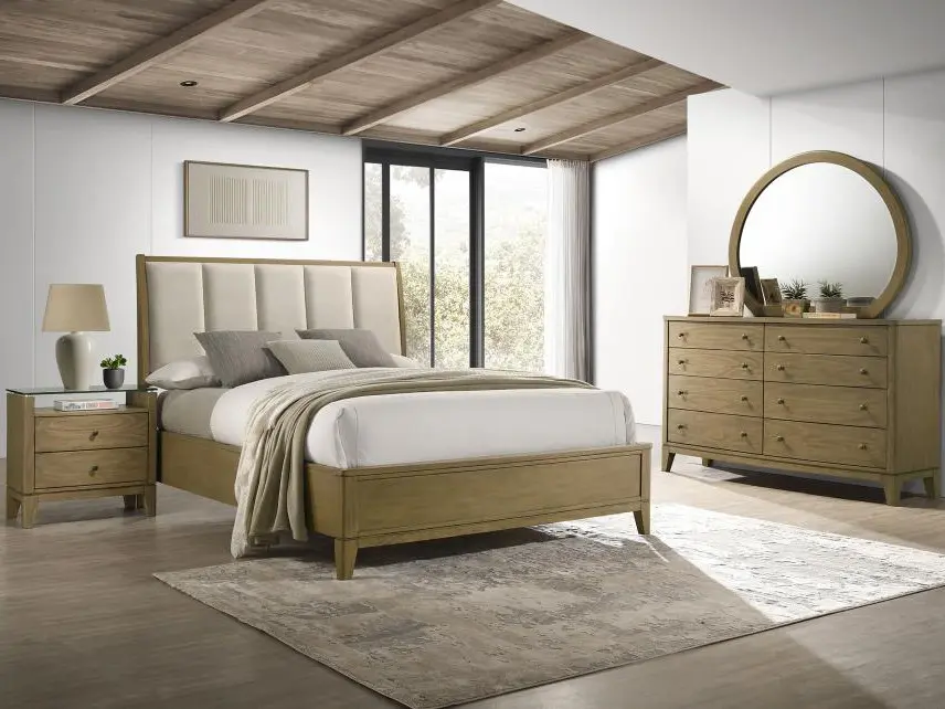 COASTER 4-Pc Queen Bedroom Set (224921Q-S4) - Granada Natural Pine Finish Wood, Cream Fabric Headboard, Bedroom Set Furniture with Dresser, Nightstand, Mirror, Assembly Required