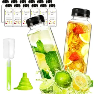 12 Pcs 12 oz Plastic Juice Bottles-Reusable Containers with Black Tamper Proof Lids, Brush, Funnel and Labels - For Juicing, Smoothies and Homemade Beverages