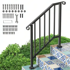 Handrails for Outdoor Steps, 2 Step Stair Hand Rail Kit, Transitional Carbon Steel Railings with Installation Kit, Stair Rails for Seniors, Concrete Steps & Porch & Deck, Black Retro Arch