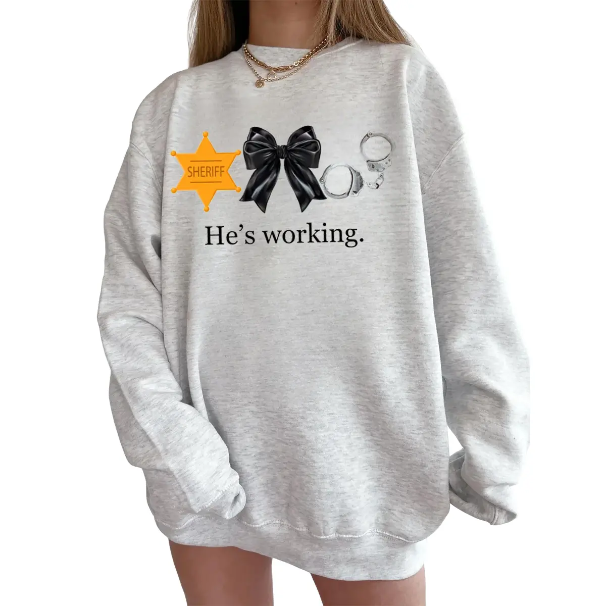 He’s Working Sheriff Wife Crewneck Sweatshirt, Deputy Spouse Bow Graphic Pullover, Law Enforcement Wife Gift