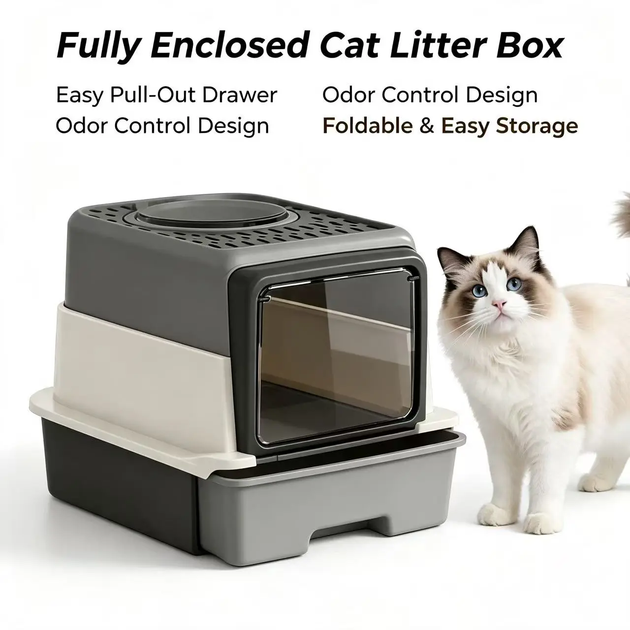 Fully Enclosed Foldable Cat Litter Box with Pull-Out Drawer, Anti-Splash Top Grate Odor Control Kitty Litter Tray, Easy Disassemble Washable Large Space Indoor Toilet for Small Medium Large Cats anti-urine leakage multi-cat household affordable pet