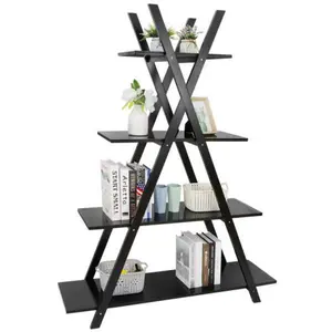 ZENSTYLE 4-Tier Bookshelf A-Frame Bookcase Wooden Ladder Shelf Open Display Shelves Black