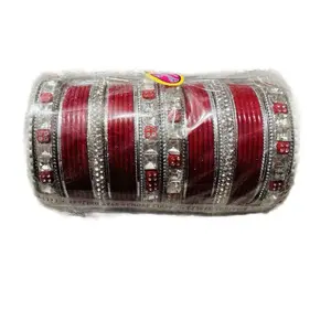 Red Bangles with Silver Kada - Traditional Red Color Bracelets for Silver Kada Design