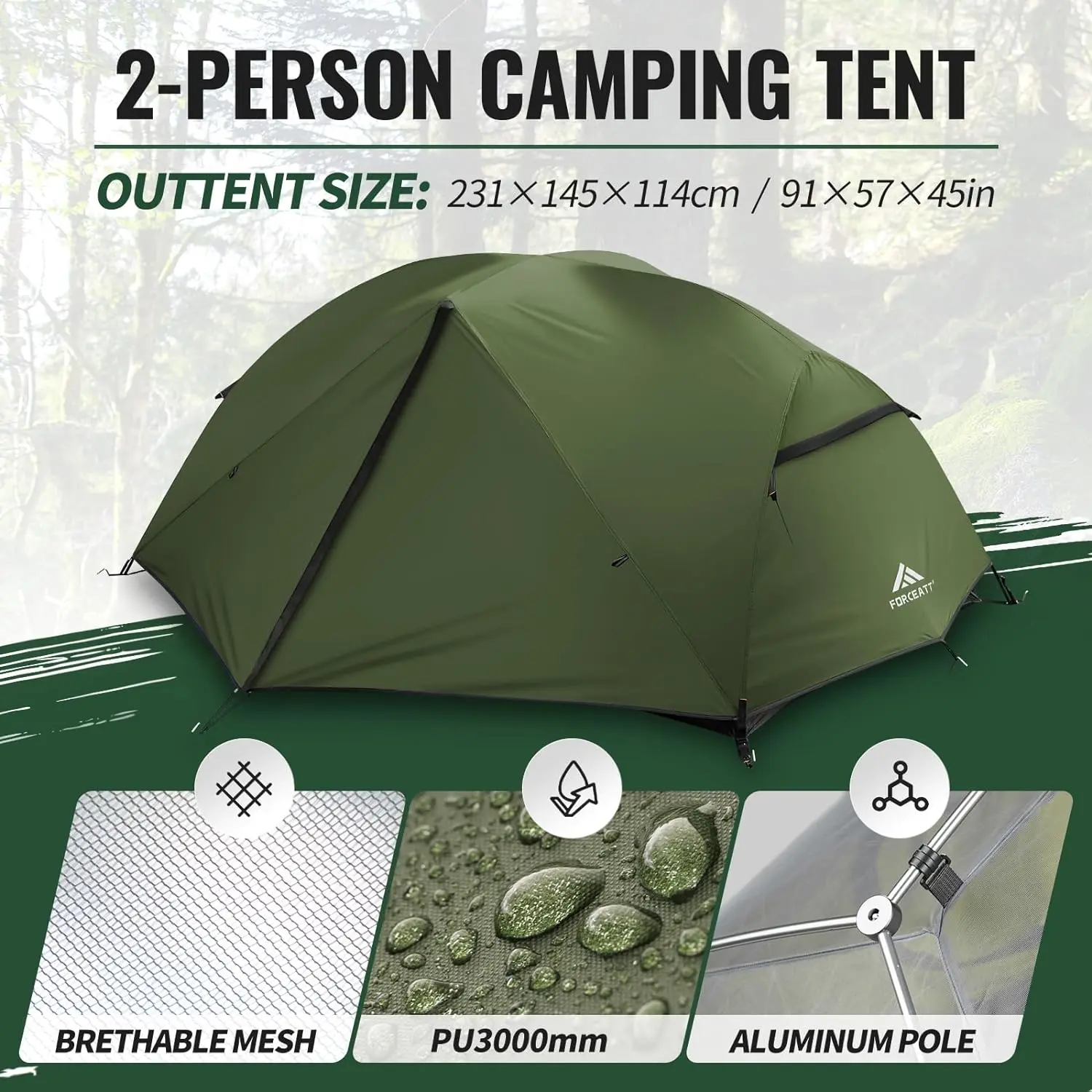 Forceatt Camping Tent for 2 Person is Waterproof and Windproof, for 4 Seasons, Lightweight Aluminum Pole Backpacking Tent, Great for Hiking