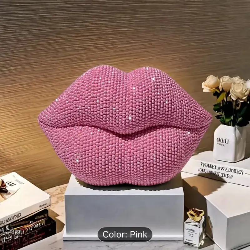 Pink Beaded Lips Statue Decor - Resin Love-Themed Art for Home Office Bedroom Bar Hotel Bathroom Perfect for Weddings Valentine’s Day Romantic Gifts Indoor Decoration Beaded Texture Sleek Finish