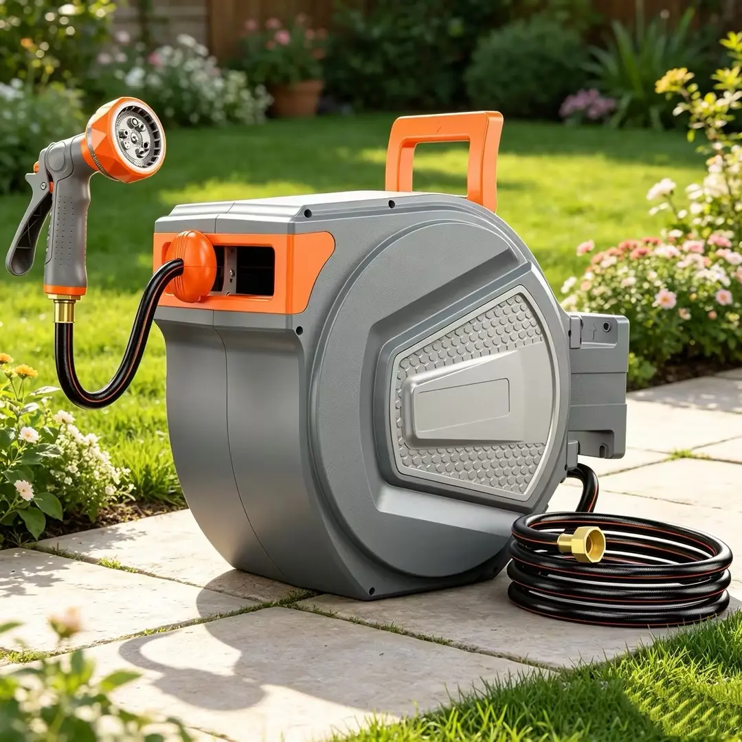 Retractable Garden Hose Reel with 9-Pattern Spray Nozzle, Wall Mount 180° Swivel Auto Rewind Water Hose Cart, Heavy Duty Flexible Water Hose for Yard Car Pet Washing & Plant Watering