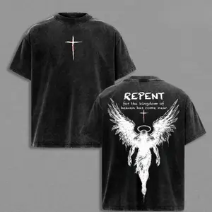 Repent Vintage Washed Oversized Shirts Mens Shirts Graphic Tees Angel Wings Faith Graphic Tee Kingdom of Heaven Has Come Near Gospel Streetwear Top Heavy Cotton Unisex Retro Worship Shirt