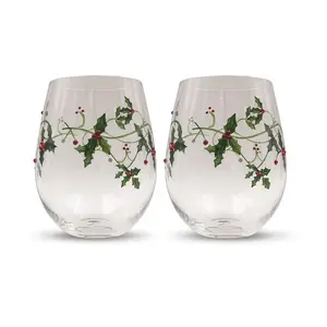 Christmas Holly Stemless Wine Glasses