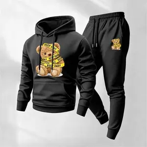 Men's Cute Sports Hip-Hop Bear Sweatpants Set, Menswear, Casual Athletic Long Sleeve Hooded Jacket & Trousers for Fall & Winter, Men's Clothing for Daily Wear, Sportswear Indoor Outdoor, Tracksuit, Athleisure