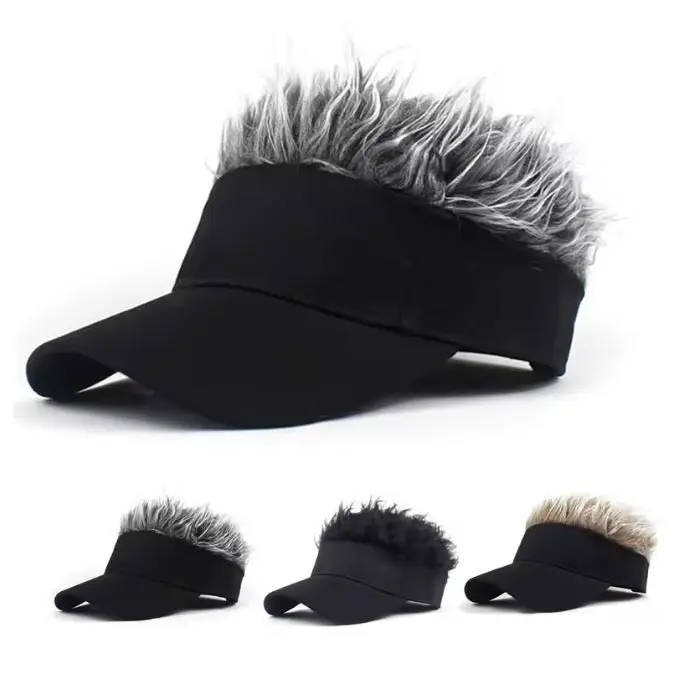 Men's Adjustable Synthetic Hat with Hair - Short Spiked Machine-Made Black Fake Hair Athletic Hat, Golf/Baseball Fit Sun Protection Baseball Cap/Black Outdoor Headwear for Sports & Streetwear