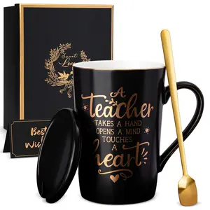 Best Teacher Appreciation Gifts for Men & Women - 14oz Coffee Mug with Gold Print, Lid & Spoon Card for Teachers Cup boyfriend Drinkware Tumbler