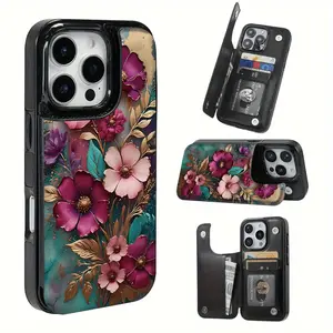 Creative Beautiful Flower Element Pattern Leather Card Holder Phone Case, Suitable for iPhone 17 Air/16 Plus/15 Pro Max/14 Pro/13/12/11/XS Max/X Phone Case, Perfect Gift for Thanksgiving and Christmas for Family, Friends, Lovers, Boyfriend, Girlfriend