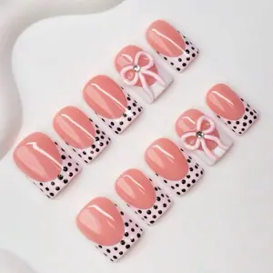 Polka Dot Y2K Handmade Press On Nails 10 Piece Set with Pink Base and Black Dots for Stylish Manicure