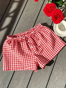 Y2K American Grid Drawstring Button Shorts, Vintage Style, Loose Fit, Comfortable, Women's Summer Casual Wear, Home and Outdoor