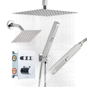summervibes Thermostatic Shower Faucet Set - 12 in Ceiling-Mount Rainfall Shower System, 6 in Wall-Mount Head, 2-in-1 Handheld Spray, 3-Function Spray Brass Valve & Trim Kit, Chrome