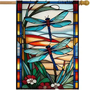 Spring Summer House Flag 28x40 Inch Double Sided, Dragonfly Stained Glass Garden Flag Large Burlap Yard Flags for Outside Outdoor Seasonal Decoration