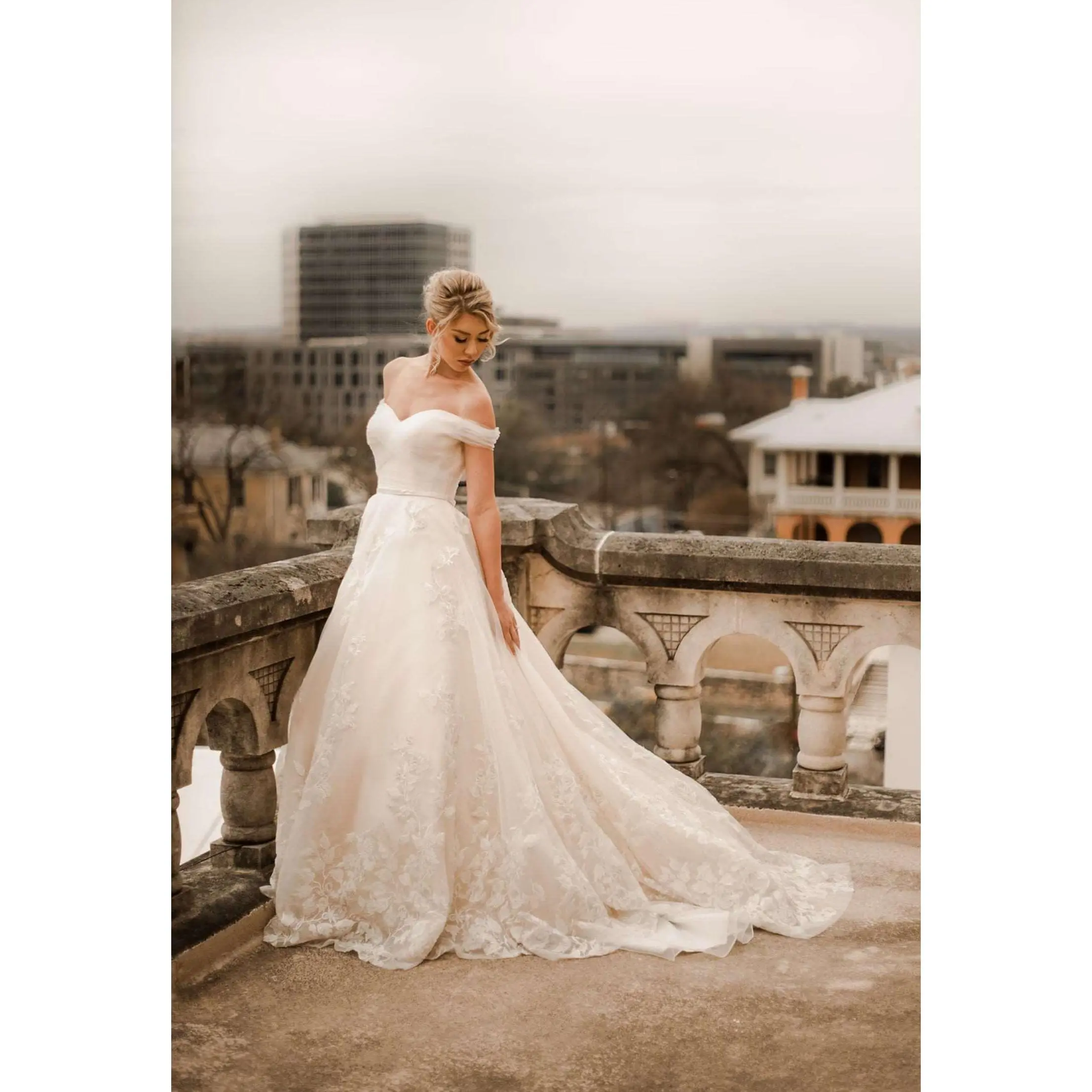 Women's Custom Made-to-Order Champagne Wedding Dress - Off-Shoulder A-Line Gown with Floral Lace Embroidery, Pleated Bodice, Long Train and Zip Closure