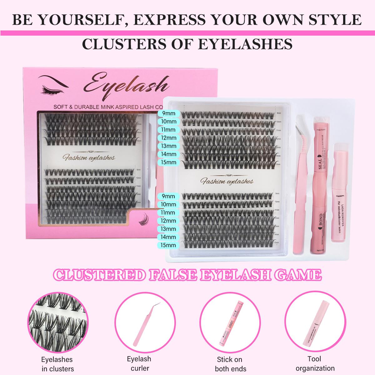 Flare Lashes Kit - 280 Clusters Individual Lash Extensions (9-15mm), Invisible Band Natural Fluffy, with Bond Seal Eyelash Glue, Lash Remover & Tweezers, Waterproof Long-Lasting DIY for Beginners