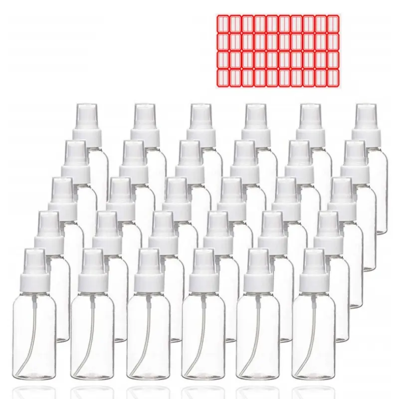 30Pcs Small Clear Plastic Spray Bottles Refillable Travel Atomizer Mist Bottles with Funnels Stickers for Skincare Perfume Cleaning Solution Hair Mist(30 ml / 1 oz)