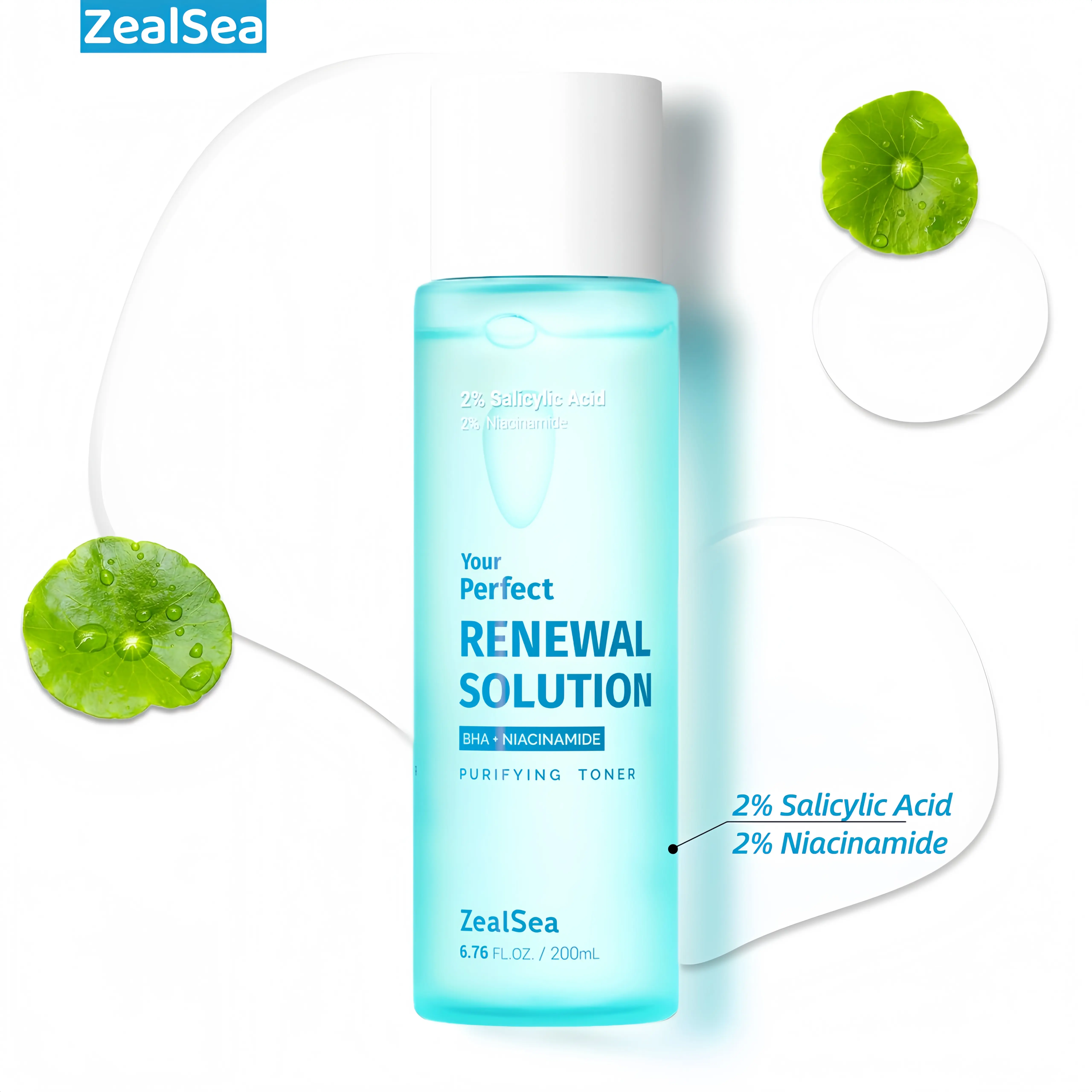 ZealSea 2% Salicylic Acid BHA Toner, Gentle Exfoliating Face Toner with Niacinamide & CICA, Helps Unclog Pores, Control Oil & Smooth Skin Texture, For Acne-Prone Skin, 200ML