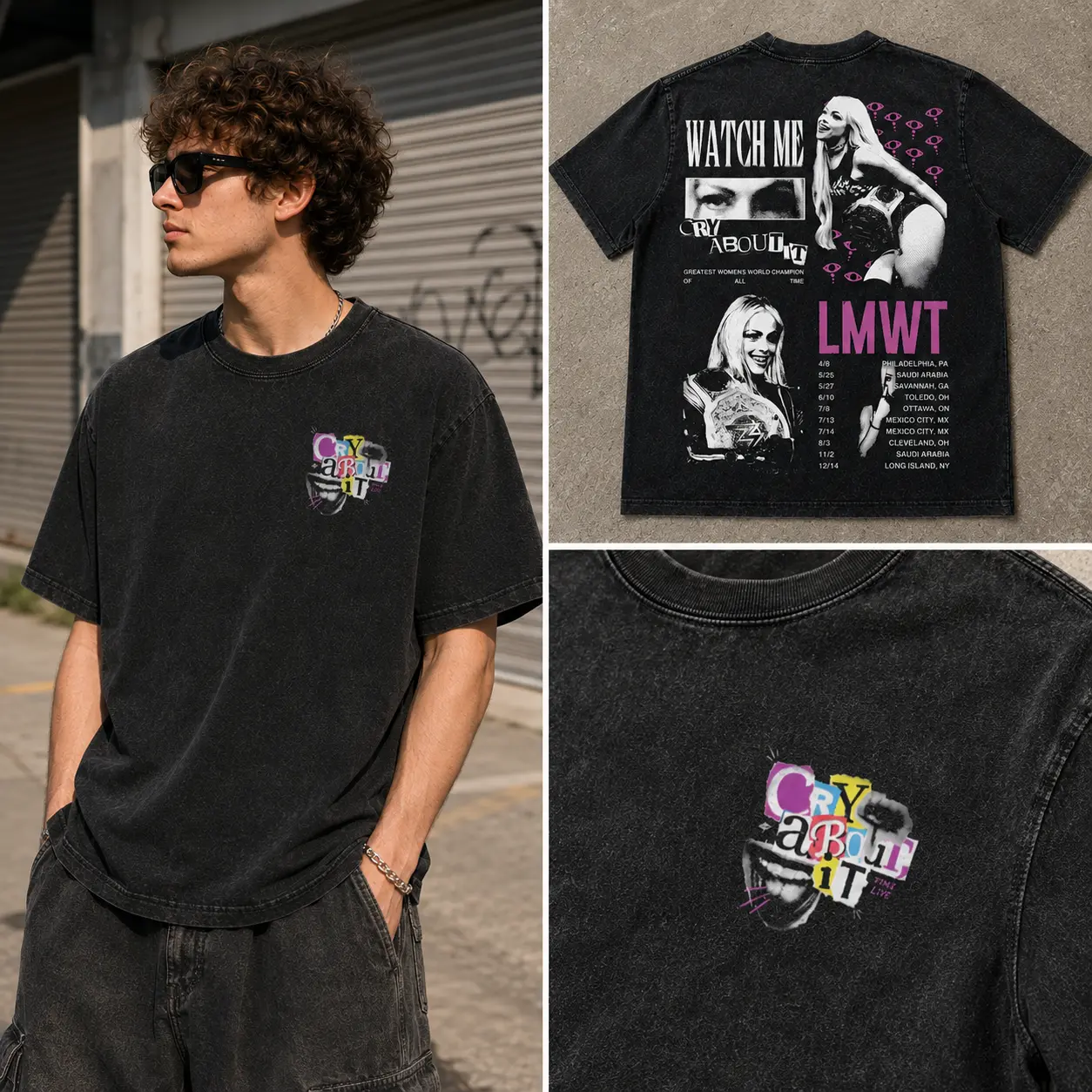 Liv Morgan LMWT Menswear Oversized Washed Black Graphic T-Shirt, Women’s Wrestling Champion Collage Back Print, Casual Streetwear Tee