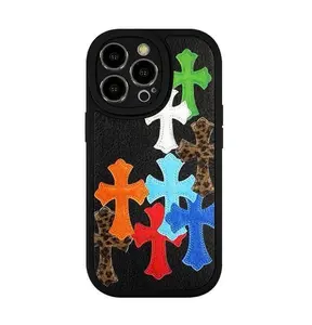 Suitable for iPhone 17/16/15/14/13/12/11 environmentally friendly leather cross silicone phone cases, iPhone 15 ProMax rainbow cross anti fall male and female phone cases.iphone 13 case/14 case/15 promax case