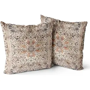 Throw Pillow Covers 24x24 inch Set of 2 Ethnic Floral Cotton Short Plush Square Cushion Cover Standard Pillowcase for Men Women Home Decorative Sofa Armchair Bedroom Livingroom