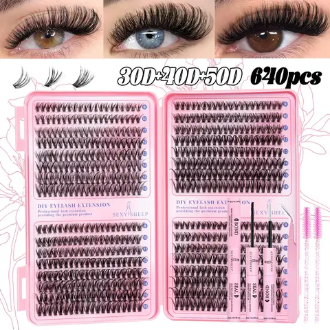 Lash Clusters Kit Natural Individual Lashes Wispy Eyelash Extensions Set 9-16mm DIY Lash Extension Kit Lash Bond and Seal Waterproof Eyelash Extension Glue, Lash Applicator, Thick False Eyelashes Kit Makeup