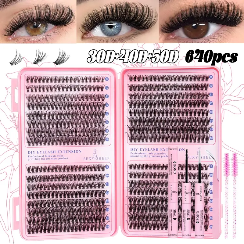 Lash Clusters Kit Natural Individual Lashes Wispy Eyelash Extensions Set 9-16mm DIY Lash Extension Kit Lash Bond and Seal Waterproof Eyelash Extension Glue, Lash Applicator, Thick False Eyelashes Kit Makeup