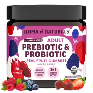 Llama Naturals Probiotics for Women and Men with Prebiotic Fiber, Vegan, Organic, Probiotic Gummies for Gut Health Support, Adults Real Fruit Gummy Vitamins, No Added Sugar Cane, Mixed Berry, 60 Ct