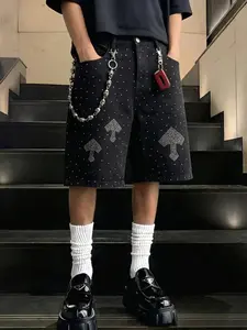 Men's Street Life Collection, spring and summer casual men's loose denim shorts with rhinestone decorations, Y2K vintage black loose denim shorts, Casual relaxed shorts, street style, skateboarding, hip-hop, summer shorts
